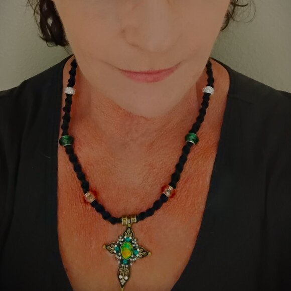 Gold Toned Faceted Oval Dichroic Gold Toned Cross on a handmade Black Hemp Chain - Picture 2 of 7